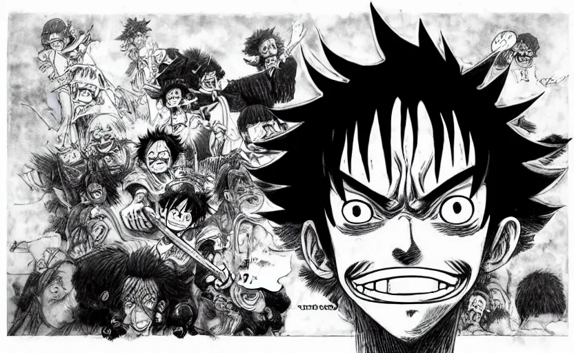 Image similar to [ luffy mustache ] ( by kim jung gi ) ( by kentaro miura )