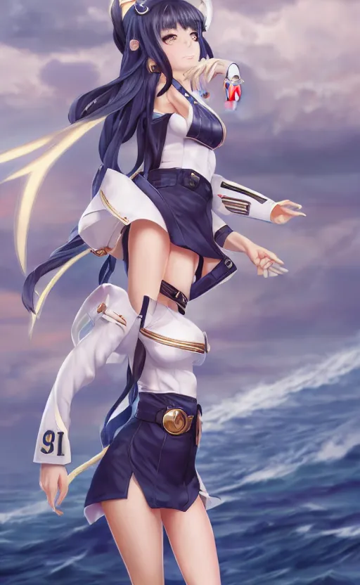 Image similar to highly detailed, character design art, octane, stunning, realistic lightning, realistic ocean, characters from azur lane, matte, sharp focus, 150mm, illustration, artstation, professional drawing, by tatsuki fujimoto, realistic anatomy, female sailor uniforms