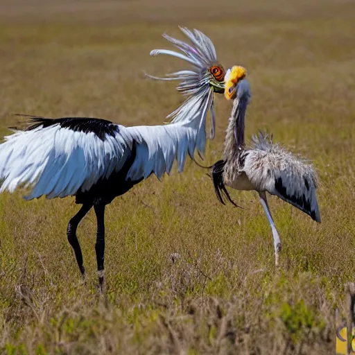 Prompt: secretary bird fighting an ostrich, in a cotton candy field