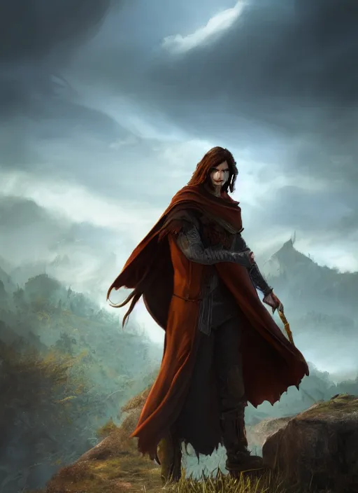 Prompt: An epic fantasy comic book style portrait painting of a young man with a long brown hair, a cloak waving in the wind in front of an epic fantasy landscape, unreal 5, DAZ, hyperrealistic, octane render, cosplay, RPG portrait, dynamic lighting