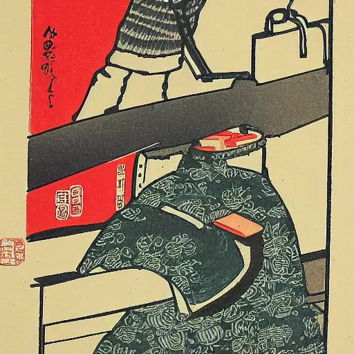 Image similar to japanese woodblock print of a vacuum cleaner