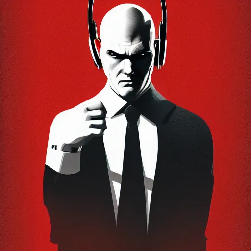 Image similar to a portrait of agent 4 7 from hitman wearing headphones, sitting in a room full of vinyl records, dark background, red rim light, highly detailed, digital art, artstation, concept art