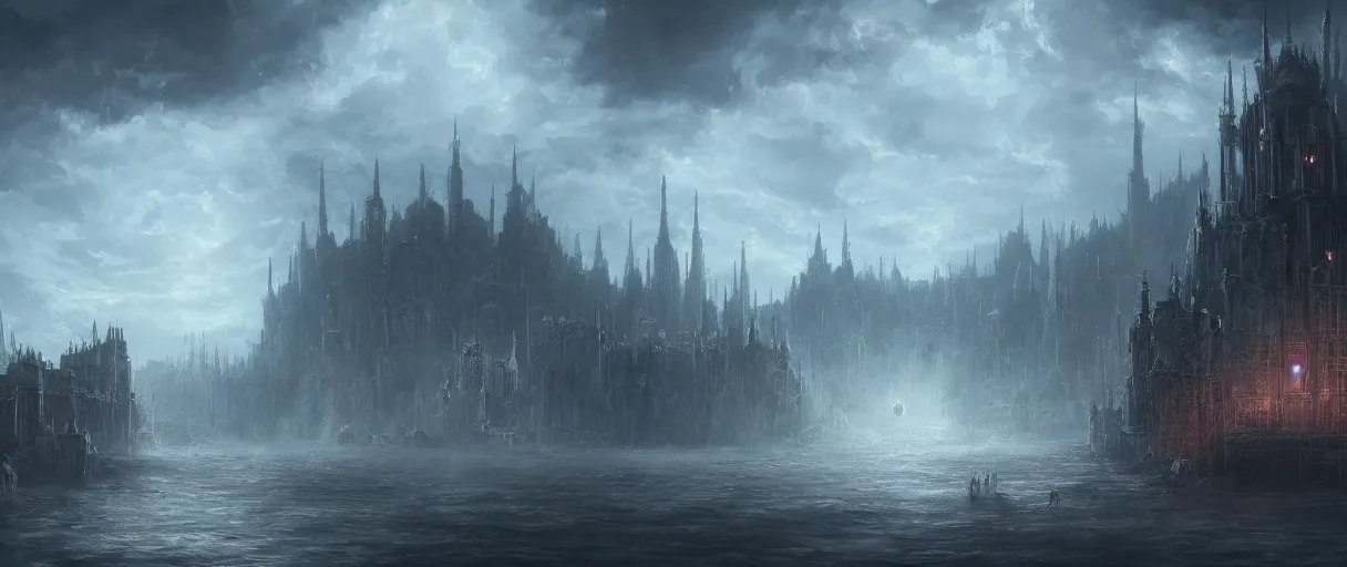 Image similar to large floating cities on top of huge floating islands, terrain visible from beneath, in the clouds, concept art, digital painting, in the style of Bloodborne, dark souls, demon souls, dark, night time, volumetric lighting, large scale, high detail, trending on art station, view from afar