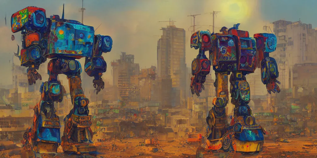 Image similar to colourful - damaged - giant mecha ROBOT of AJEGUNLE SLUMS in Lagos, markings on robot, Golden Hour, painting by Hsiao-Ron Cheng,