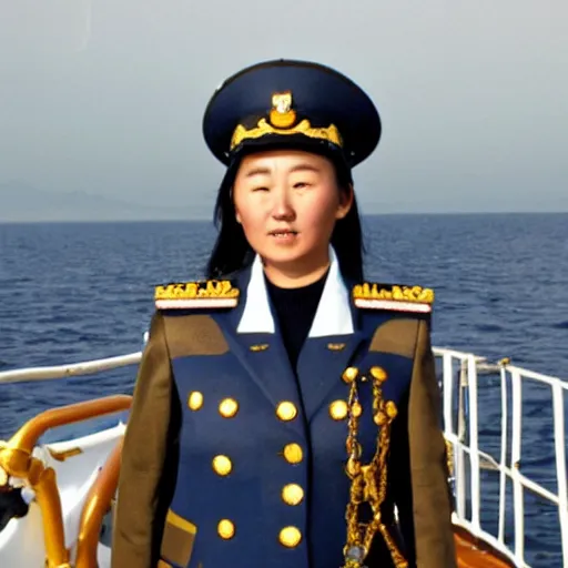 Image similar to Young Mongolian female Navy Admiral wearing a mess jacket, white waistcoat, gold-laced trousers, and a peaked cap, on the deck of a ship