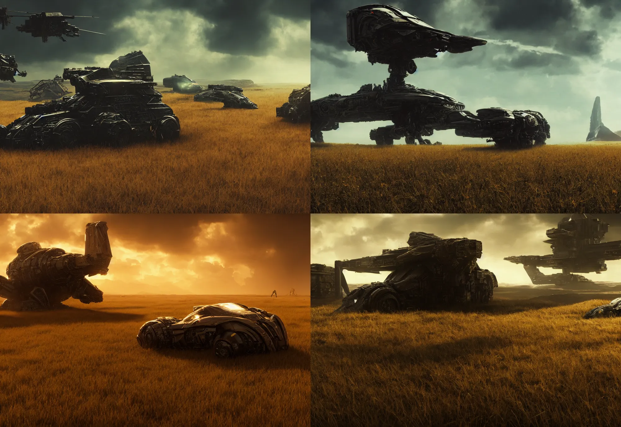 Prompt: neil blomkamp film landscape, trending on artstation, hyper realistic, cinematic, perfect composition, golden ratio, extreamly detailed, detailed grass, detailed crash space ship in fire, detailed sky, physical correct lgiht and shadow, photorealistic, octane render 8 k, color harmony, color balance, extremly detailed objects