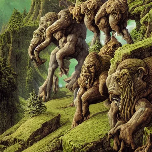 Prompt: action shot of giant trolls with pale green skin riding mastadons through a mountain pass, hyperreal, highly textured, god rays, award winning, by michael whelan