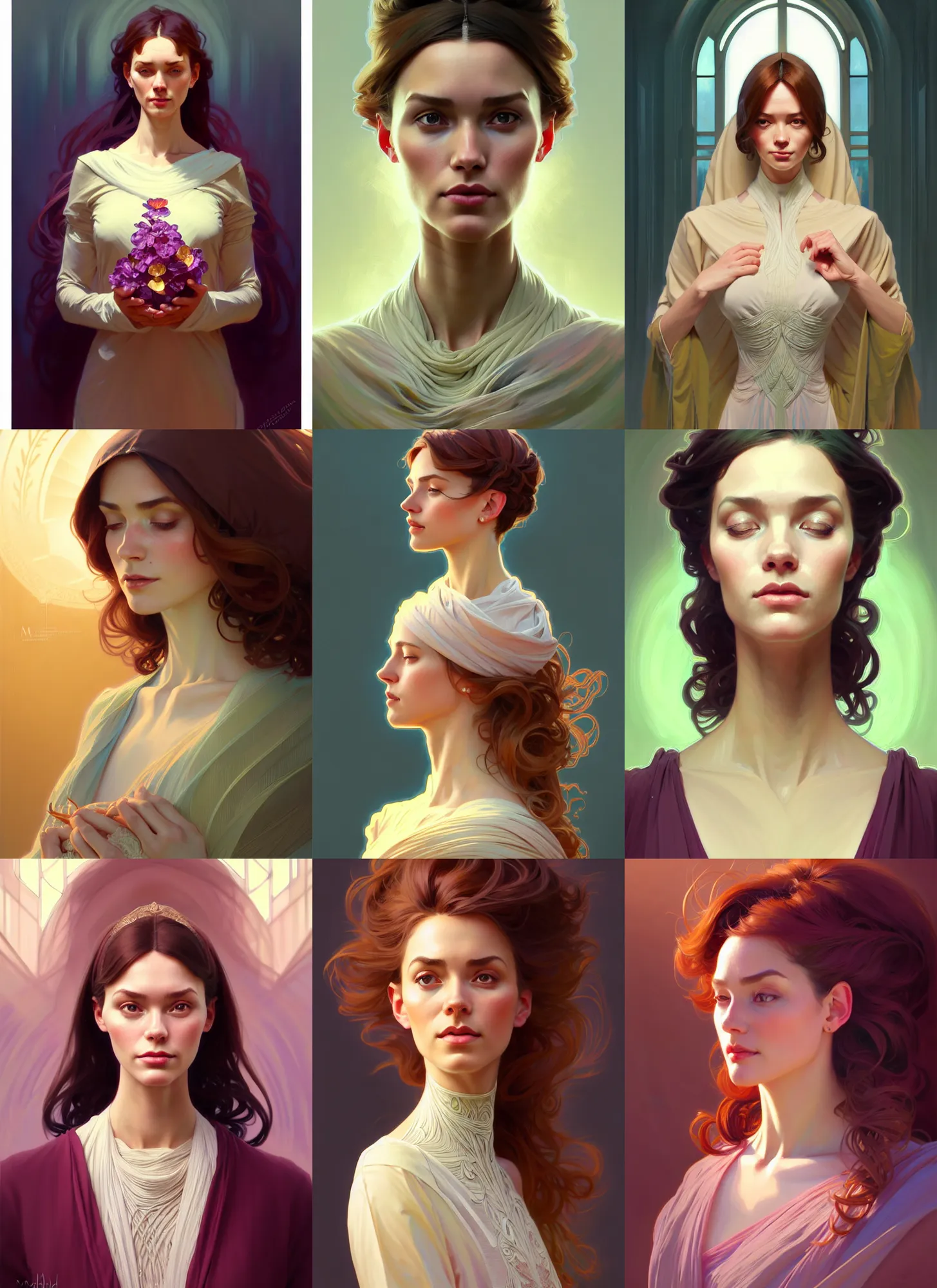 Image similar to character concept portrait of me as modest wife blessed by god to grow ever more intelligent beautiful voluminous muscular tall healthy and virtuous. modestly clothed, intricate, elegant, highly detailed, digital painting, artstation, concept art, symmetry, smooth, sharp focus, illustration, art by mandy jurgens and alphonse mucha and alena aenami