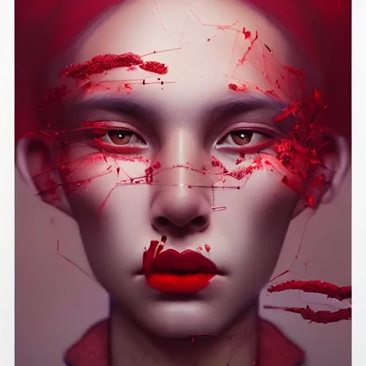 Image similar to 3 d, fashion models looks into the frame, red tears, intricate oil painting, high detail, figurative art, multiple exposure, poster art, 3 d, by tooth wu and wlop and beeple