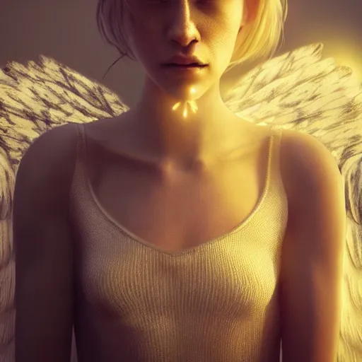 Image similar to portrait art of female angel, art by alessio albi 8 k ultra realistic, angel wings, lens flare, atmosphere, glow, detailed, intricate, full of colour, led lighting, trending on artstation, 4 k, hyperrealistic, focused, extreme details, unreal engine 5, masterpiece