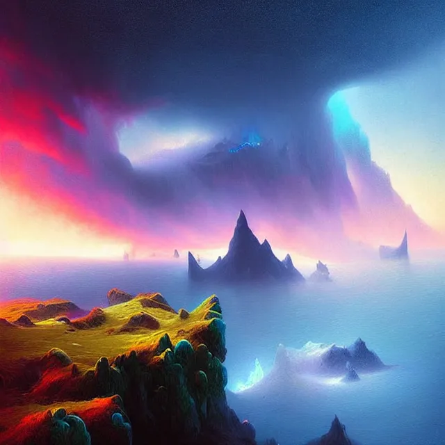 Prompt: fantasy aerial iceland landscape is seen inside the human eye!!!!!, volumetric lighting, colorful, sharp and focus, ultra detailed, beautifully lit landscape, astrophotography, in the art style of dan mumford, ivan aivazovsky and marc simonetti