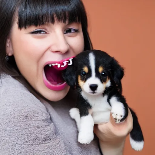 Image similar to photo of person with mouth open with tiny miniature puppy inside mouth