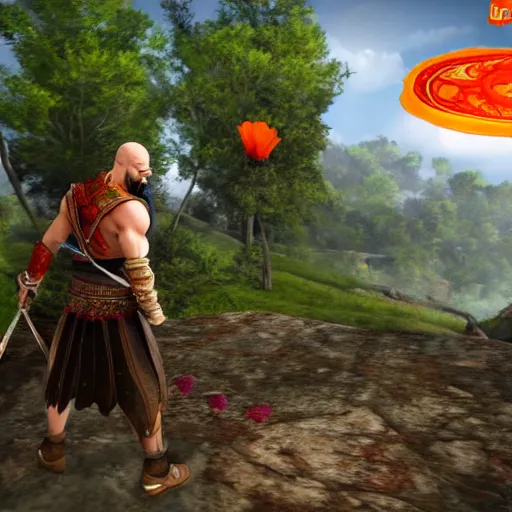 Prompt: kratos in flowers hill, screenshot