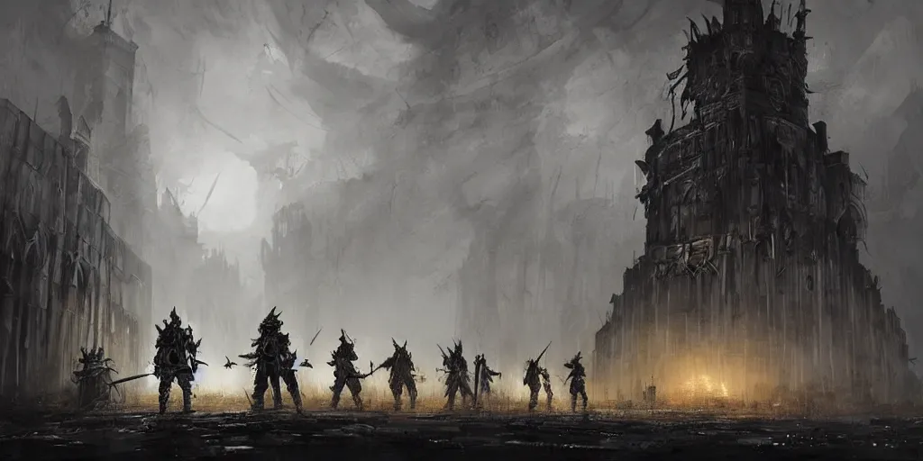 Image similar to grimdark fantasy fortress, trench crusade soldiers, terrifying architecture, looming, dark, fog, atmospheric cold lighting, dark souls, hyperrealistic, art by sparth