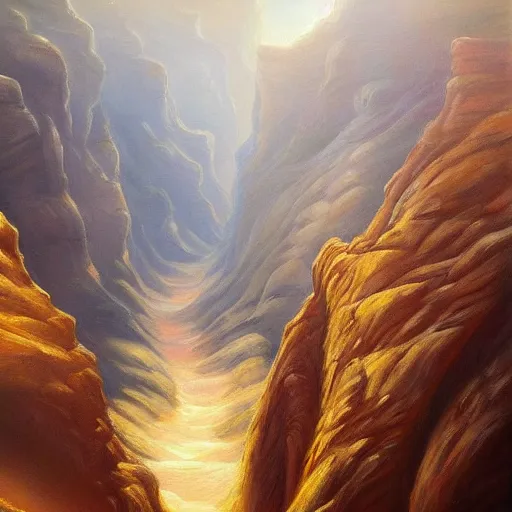 Image similar to beautiful oil painting of a canyon in between mountains, trending on artstation, high detail, realism, award winning, detailed lighting