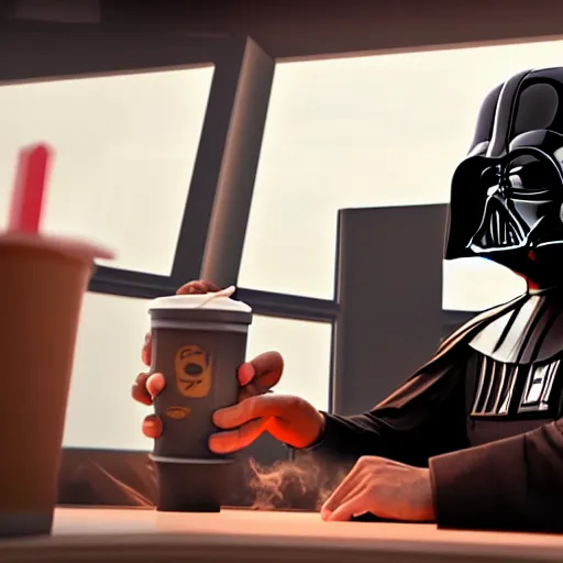 Image similar to darth vador working at dunkin donuts , 8k cinematic lighting, very sharp detail, anatomically correct