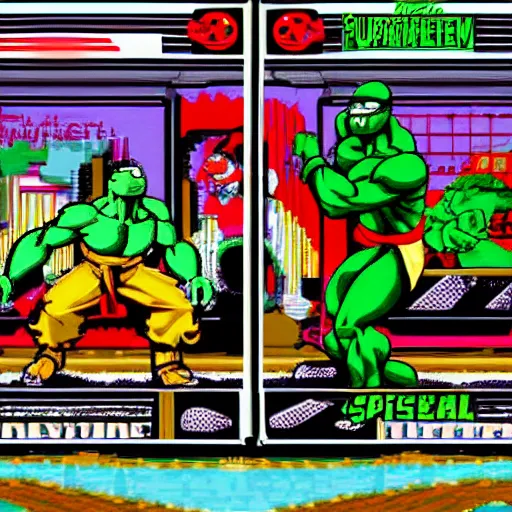 Image similar to street fighter super nintendo fight between kermit and captain planet marketplace background