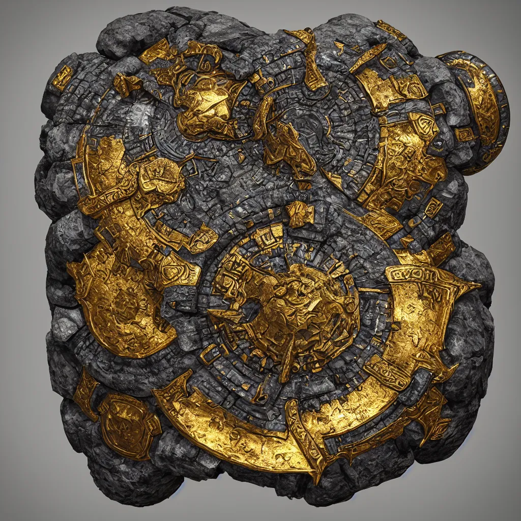 Prompt: ornate and detailed round battle shield made of lava rock, focused shot, gold and obsidian colors, dungeons and dragons themed, 4 k octane digital render, unreal engine 5, styled by greg rutkowski and android jones, extreme levels of detail