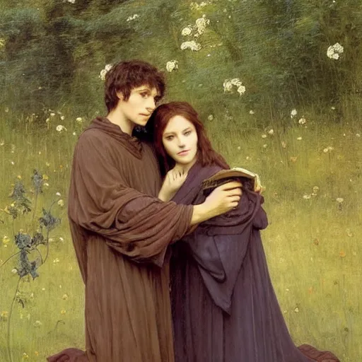 Prompt: Merlin and Arthur . From the television show Merlin (2008). In beautiful meadow in love and happy;high-detailed oil painting by Edgar Maxence and William-Adolphe Bouguereau, trending on Artsatio, masterpiece, 4k