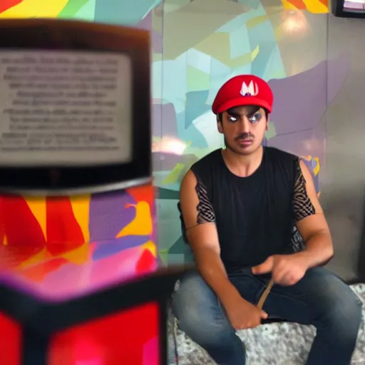 Image similar to mario having a panic attack in taco bell