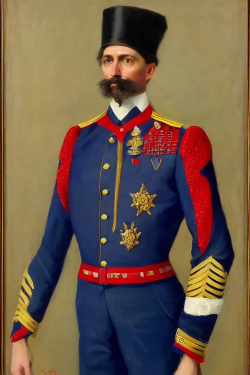 Image similar to full body portrait of the dictator of the new orleans pelicans, 1 8 8 9, in full military garb, midnight blue, red, gold and white, oil on canvas by william sidney mount, trending on artstation