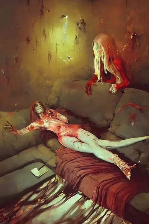 Prompt: Dead woman on couch, art by Francisco Bacon, elegant, Art by Beksiński and Francis Bacon, vibrant, fantasy, intricate, Peter Mohrbacher, artstation, painted by greg rutowski, Francisco Goya, Frazetta