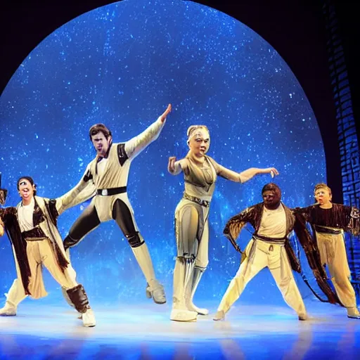 Image similar to Production photo of Star wars the musical on broadway, dancing, star wars costumes by Julie Taymor, set design by Julie Taymor