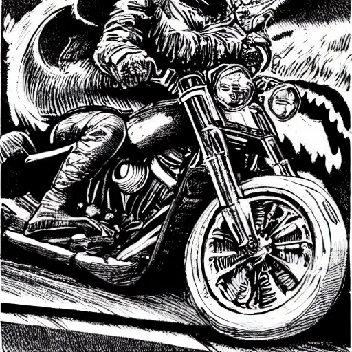 Image similar to hells angel biker riding through a burning street, intricate ink drawing, highly detailed in the style of jamie hewlett