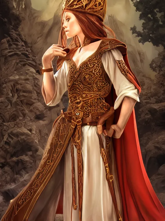 Prompt: sideview of a dnd young priestess in a temple, earth attuned, brown robes, skintight, cloak, beautiful, light brown skin, red hair, happy, metallic brass accessories, spellcasting, derriere posing, high fantasy, detailed face, highly detailed, sharp focus, smooth, digital illustration, by clyde caldwell