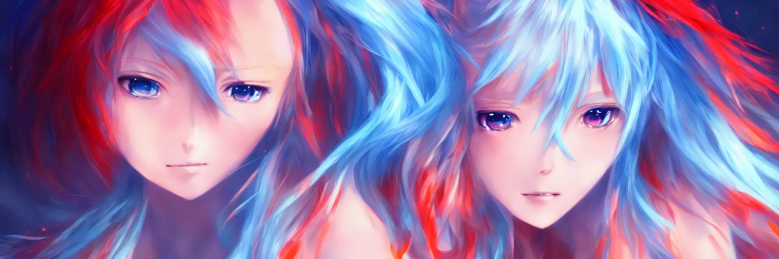 Image similar to advanced digital anime art, a very cute gorgeous teenage girl with a body made of fire and ice , full body, very long snow colored hair, sky blue highlights in hair, red fiery watery eyes, full round face, dramatic cinematic lighting, wideshot, highly intricately detailed, trending on pixiv, Artstation,