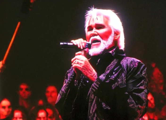 Image similar to publicity photo still of kenny rogers in cradle of filth playing live on stage, 8 k, live concert lighting, mid shot