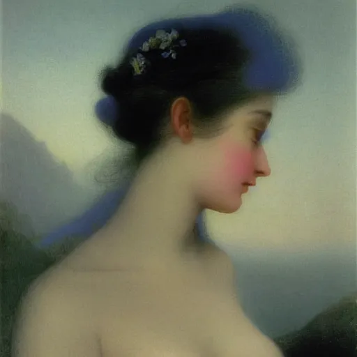 Image similar to a young woman’s face, her hair is white, she wears a long flowing blue satin veil, in the background is a river in a forest at dawn, by ivan aivazovsky and pieter claesz and paul delaroche and alma tadema and august malmstrom and and willen claesz heda and aelbert cuyp and gerard ter borch and isaac levitan and carl gustav carus, detailed, hyperrealistic, rendered in octane, rendered in redshift