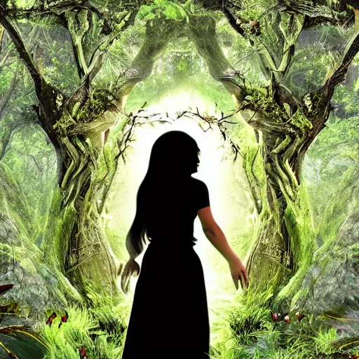 Image similar to a goddess of beauty walking towards a ravenous, ominous portal to hades embedded in a creepy tree in a densely overgrown, magical jungle, fantasy, dreamlike sunraise, stopped in time, dreamlike light incidence, ultra realistic