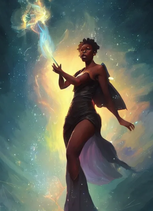 Prompt: beautiful black woman casting magical spells and using powers, digital illustration artstation, concept art, matte, sharp focus, illustration, dramatic exploding nebulae, hearthstone, art by artgerm and greg rutkowski and alphonse mucha