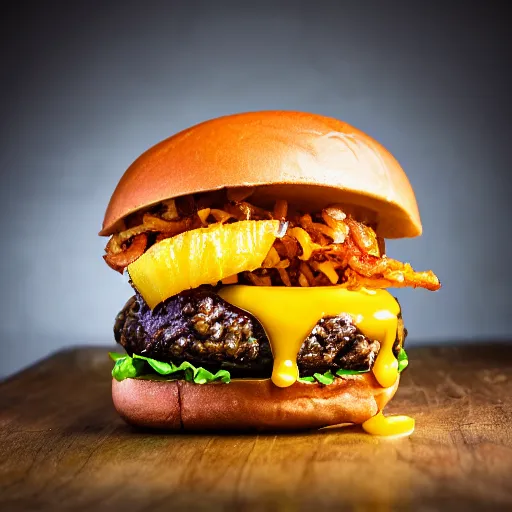 Image similar to juicy hamburger with crispy buns with pineapple topping, 8 k resolution, food photography, studio lighting, sharp focus, hyper - detailed