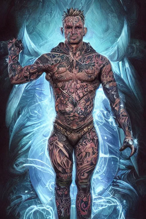 Prompt: Portrait of frontal standing pose torso of a very attractive man heavily all his skin is covered by BIKER tattoos, surrounded by magic lightings overlays, Intricate, concept art, magic lighting overlays, magical portal opened, D&D!, fantasy style, sharp focus!, ultra detailed, art by Artgerm and Peter Andrew Jones, WLUP, Magali Villeneuve