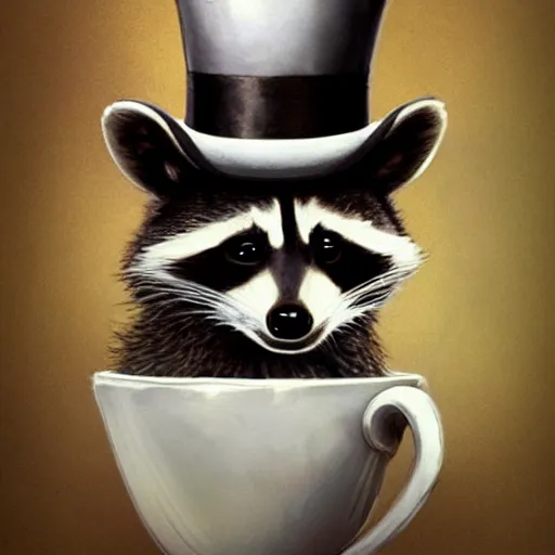 Prompt: a raccoon with a top hat holding a tea cup, intricate, highly detailed, digital painting, artstation, concept art, smooth, sharp focus, illustration, unreal engine 5, 8 k, art by artgerm and greg rutkowski and alphonse mucha