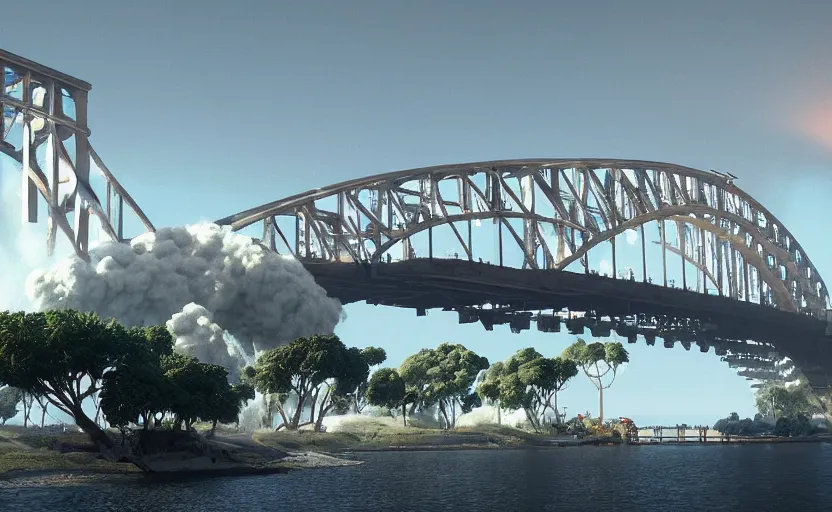 Image similar to a big harbour bridge collapses after explosions in the form of white cotton plants, 3 d octane render, epic lighting, 8 k, by goro fujita