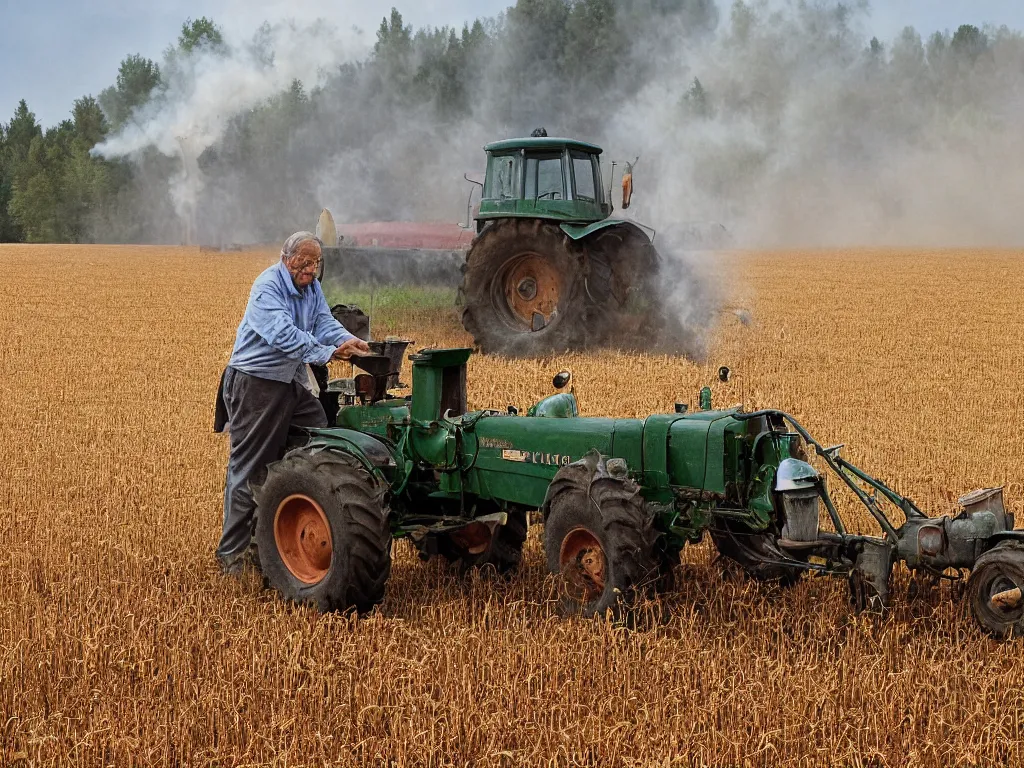 Image similar to grumpy finnish grandpa plowing oat field with old smoke spewing valmet - tractor, 1 9 6 6, home album pocket camera photo, detailed facial features, hyper realistic