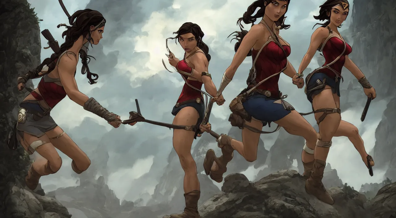 Image similar to A beautiful ultradetailed cartoon of Lara Croft holding hands with Wonder Woman, 4k, Raphael Lacoste, by Rossdraws and Bluesssatan and Mandy Jurgens and Stjepan Sejic, Legend of Korra, Tomb Raider, fanart, trending on artstation, highly detailed, soft lighting 8k resolution, dramatic lighting, unreal engine 5