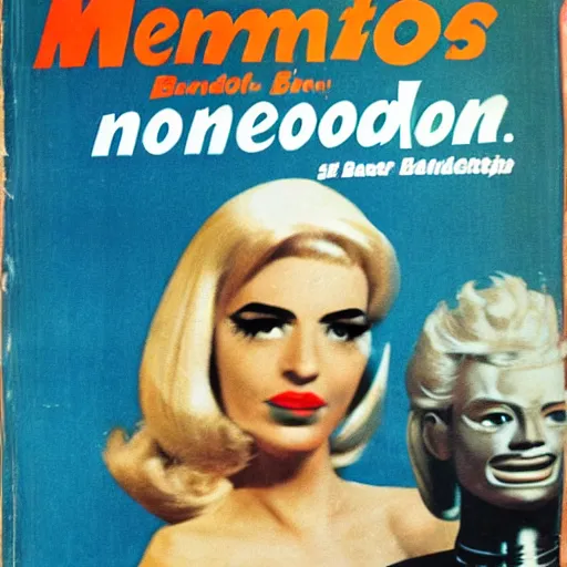 Prompt: menacing robot wearing blonde wig, 5 0's sci fi book cover