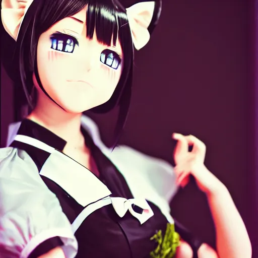 Image similar to hitler wearing an japanese maid costume and cat ears, 4 k, hyper realistic, dslr, high resolution, landscape, beautiful