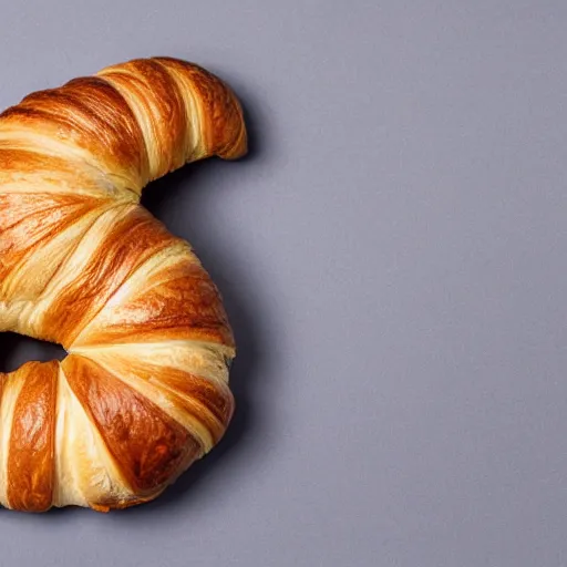 Image similar to professional studio photography of a croissant on a table, grey background, balanced lighting, xf iq 4, f / 1. 4, iso 2 0 0, 1 / 1 6 0 s, 8 k, raw, unedited, symmetrical balance, in - frame