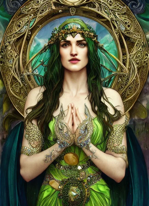 Image similar to Katie Mcgrath as a celtic Goddess, beautiful detailed eyes, cute, fantasy, intricate, elegant, highly detailed, digital painting, 4k, HDR, concept art, detailed jewellery, smooth, sharp focus, illustration, art by Artgerm, H R Giger and Alphonse Mucha, green and gold