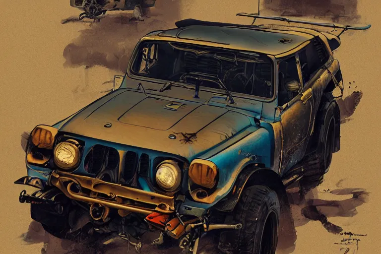 Prompt: digital illustration of mad max's fj 4 0 pursuit special, the last v 8 interceptor by makoto shinkai, ilya kuvshinov, lois van baarle, rossdraws, basquiat