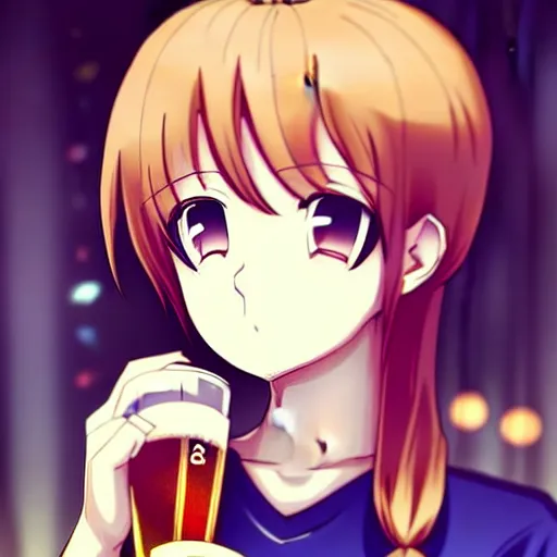 Image similar to Wholesome and masculine looking anime girl at a bar drinking a beer, warm glow from the lights, angle that looks up at her from below, deviantart, pixiv, detailed face, smug appearance, beautiful anime, detailed anime eyes with pupils, in the style of 90s anime, heavy focus on 90s and early 2000s style of anime