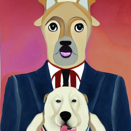 Image similar to A beautiful painting of a man, with what appears to be a dog, in a business suit with a suitcase. The man's eyes are wide and his mouth is open, as if he is screaming. The dog is also in a business suit and is looking at the man with a perplexed expression. The background is a swirl of colors and shapes. studio lighting, light violet by Wim Wenders straight