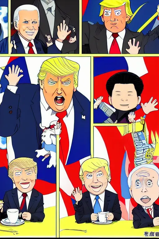 Prompt: joe biden and donald trump and vladimir putin and xi jinping manga, color, best scene, studio ghibli, chibi style, by katsuhiro otomo and hiroya oku and makoto yukimura