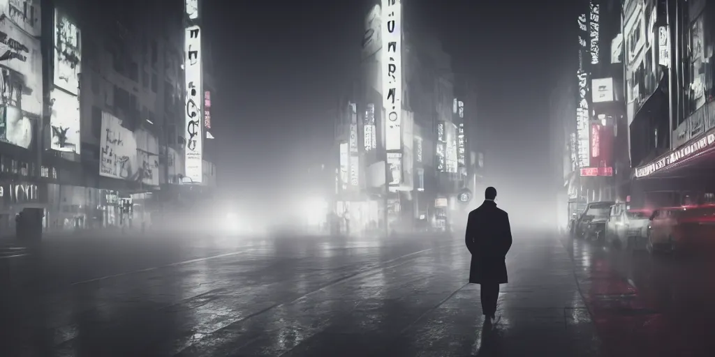 Image similar to a cinematic shot of a man in a trench coat walking down a foggy city street at night, wet streets, in the style of blade runner, colorful, neon