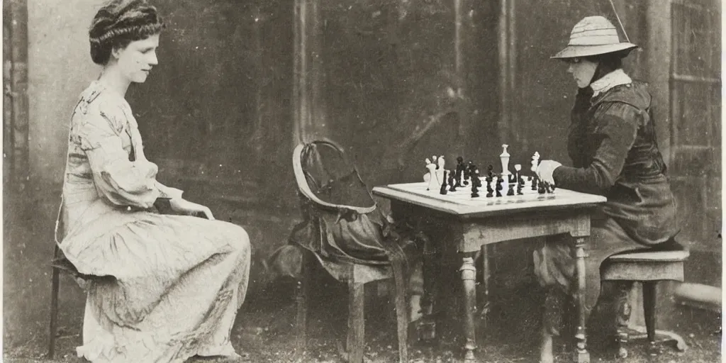 Image similar to a young edwardian woman playing chess against a rabbit